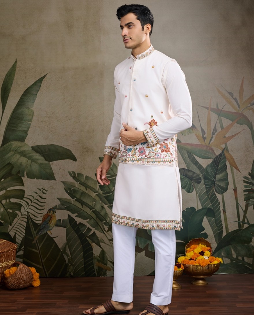 61232-white - Designer White Cotton Kurta with Embroidered Koti